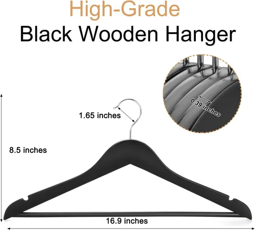 Miniatura 2 de TOPIA HANGER Perchas de madera para abrigos, paquete de 30 perchas de madera negra, gancho giratorio de 360° y muescas antideslizantes