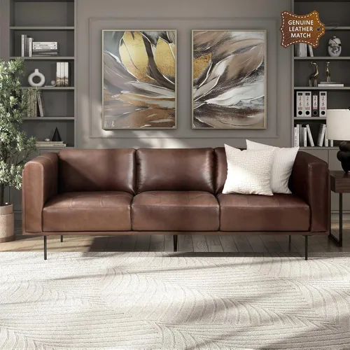 Lexicon Sofá de cuero de grano superior, sofá moderno, sofá de gran tamaño con marco de madera maciza y patas de metal, sofás de cuero para sala de