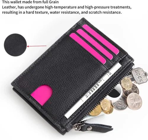 Miniatura 4 de Cartera delgada para mujeres de piel pequeña con bloqueo RFID, tarjetero minimalista con bolsas para monedas y fundas, Negro, Moderno