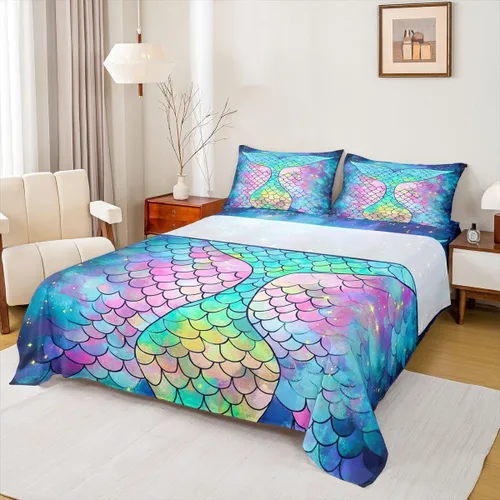 Miniatura 16 de Erosebridal Sábanas de sirena azul para niñas, juego de sábanas de unicornio lindo tamaño matrimonial, 4 piezas para niños, sábanas de arcoíris
