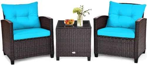 Miniatura 25 de HAPPYGRILL Juego de conversación para patio de 3 piezas, juego de muebles de exterior de sofá de ratán PE con cojines removibles, sillas de mimbre