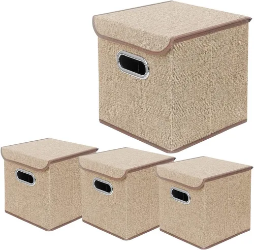 Juego de 4 contenedores plegables de tela de lino con tapa, cajas organizadoras plegables, 10 x 10 x 10 pulgadas (beige)