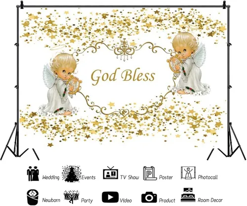Miniatura 3 de Telón de fondo de 5 x 3 pies con texto en inglés "God Bless First Holy Comunion Bautismo" Bautizo Fondo Ángel Baby Lentejuelas Doradas Estrella