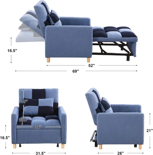 Miniatura 2 de Silla Cama Convertible 3 en 1, Sillón Sofá Cama Individual Multifuncional de Tela Teddy con Respaldo Ajustable, Silla Cama Reclinable Extraíble