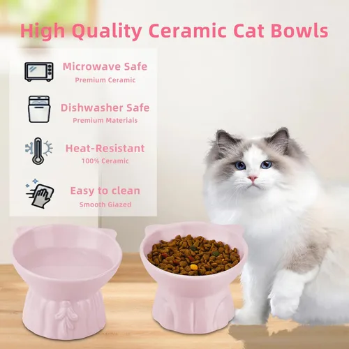Miniatura 6 de Paquete de 2 cuencos elevados para gatos, platos elevados de cerámica para alimentos y agua para gatos, diseño extra ancho y poco profundo, Rosa