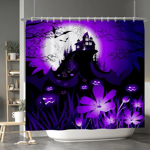 Miniatura 79 de Cortina de ducha de fantasma y gato negro para niños, 36 x 72 pulgadas, espeluznante y bonita, cortina de baño de Halloween con 6 ganchos, cortina