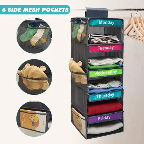 Miniatura 6 de Organizador semanal de ropa de 5 estantes para niños, estante diario para niños, organizador de armario colgante con 6 bolsillos laterales, estantes