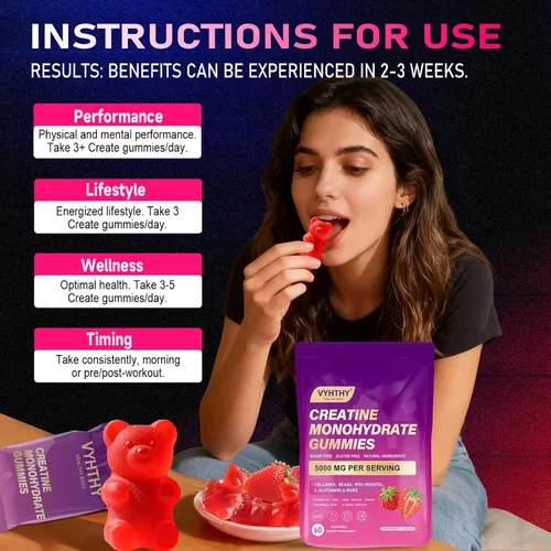 Miniatura 7 de Gomitas de monohidrato de creatina, con colágeno, BCAAs, L-glutamina, biotina, zinc, vitamina D3 y ácido hialurónico, recuperación diaria antes