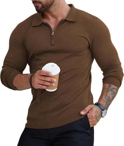 Miniatura 17 de RQP Camisas polo con cremallera para hombre, camisas casuales de punto de manga corta/larga, camisas de golf elásticas ajustadas, suéter suave