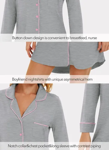 Miniatura 3 de WiWi Camisones de viscosa de bambú para mujer, suave, de manga larga, con botones, ropa de dormir, vestido de novio S-XXL