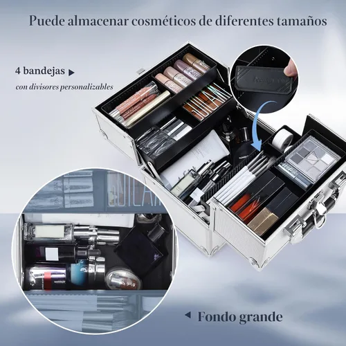 Miniatura 2 de FRENESSA Estuche de Tren para Maquillaje, Caja Organizadora de Cosméticos Portátil con Candado, Estuche de Viaje para Maquillaje con 4 Bandejas
