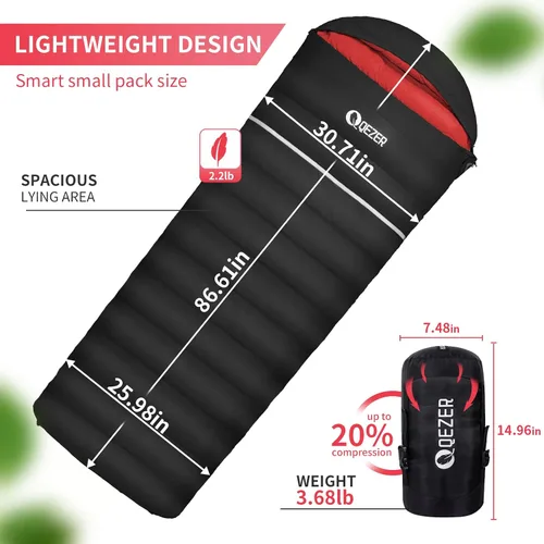 Miniatura 2 de Saco de dormir de plumón para adultos, 600 de potencia de relleno, ultraligero y compacto con saco de compresión para mochileros, camping, senderismo