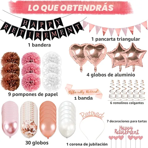 Miniatura 3 de Decoraciones de Fiesta de Jubilación Oro Rosa, 63 Piezas Decoraciones de Fiesta de Jubilación para Mujeres Pancarta de Feliz Jubilación Remolinos
