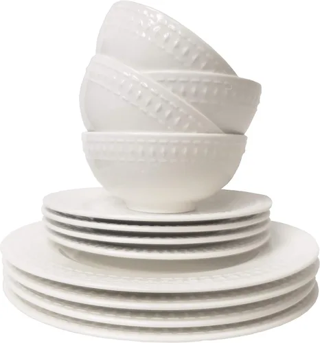 Miniatura 7 de Tabletops Gallery - Vajilla redonda de porcelana blanca en relieve - Bloom - Set de vajilla de 12 piezas Blanco Bloom