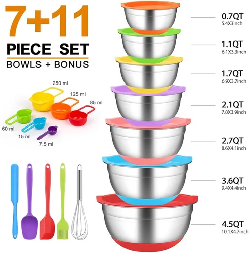 Miniatura 4 de CHAREADA Tazones de mezcla con tapas herméticas, juego de 18 cuencos de acero inoxidable para mezclar anidación, parte inferior de silicona Colorido