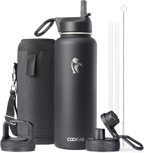 Miniatura 76 de Coolflask Botella de agua de 20 onzas aislada con pajilla, 3 tapas de metal de acero inoxidable, botella de agua de boca ancha para deportes u