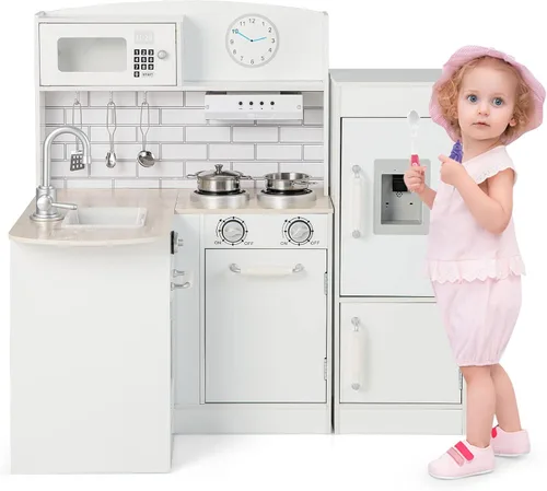Miniatura 9 de HONEY JOY Juego de cocina esquinera para niños, cocina de madera para niños pequeños, dispensador de agua, microondas, campana extractora