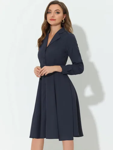 Miniatura 3 de Allegra K Vestido de trabajo para mujer, con cuello de solapa, cinturón y botones hasta la rodilla