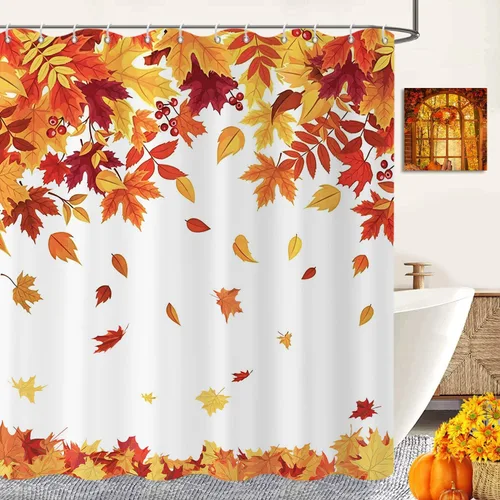 Miniatura 11 de Cortina de ducha de calabaza otoñal, cosecha de otoño, cortina de baño de calabaza azul amarilla de Acción de Gracias, decoración de bañera