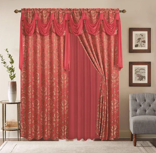 Juego de 2 paneles de cortinas de ventana de lujo, color rojo, burdeos, gris pardo dorado con cenefa, transparente, tamaño de respaldo de 112 x 84