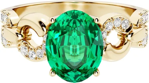 Miniatura 3 de Peora Anillo enlazado de diamantes cultivados en laboratorio con esmeralda colombiana creada en oro amarillo de 14 quilates, 1.94 quilates en total