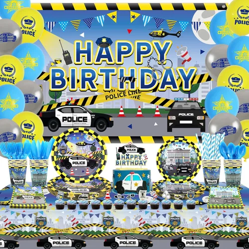 KEFAN Decoraciones de fiesta de cumpleaños de policía, suministros de vajilla para fiestas temáticas de policía, incluyendo telón de fondo de feliz