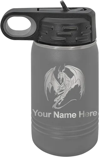 Miniatura 70 de LaserGram Botella de agua con tapa abatible de doble pared de 12 onzas con pajilla, dragón, grabado personalizado incluido (negro)