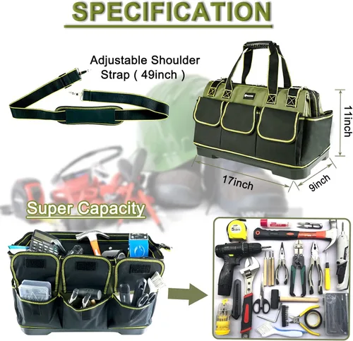 Miniatura 3 de Bolsa de herramientas de 17 pulgadas para hombres de alta resistencia con base moldeada impermeable, bolsa de gran capacidad de boca ancha, bolsas