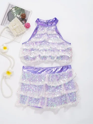 Miniatura 19 de JEATHA Top corto con borlas y lentejuelas brillantes para niñas, con minifalda, jazz latino, salsa, samba, rumba, baile