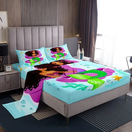 Miniatura 26 de Erosebridal Sábanas de sirena azul para niñas, juego de sábanas de unicornio lindo tamaño matrimonial, 4 piezas para niños, sábanas de arcoíris