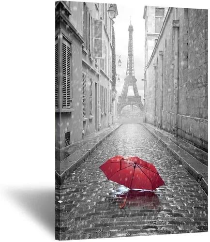 KREATIVE ARTS Póster romántico de París Street en blanco y negro, impresiones de la Torre Eiffel con paraguas rojo, montaje en pared enmarcado listo