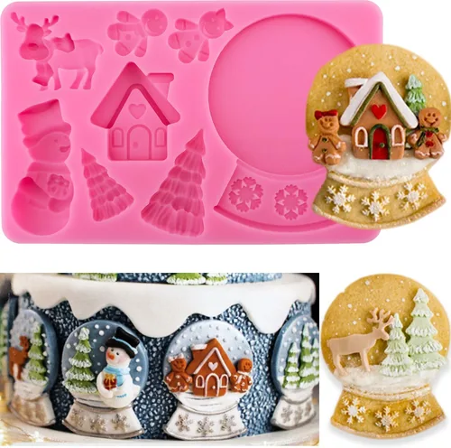 Moldes de Silicona 3D de Navidad Árbol de Navidad Bola de Cristal Casa de Jengibre Fondant Decoración de Pasteles Moldes de Silicona para Hornear