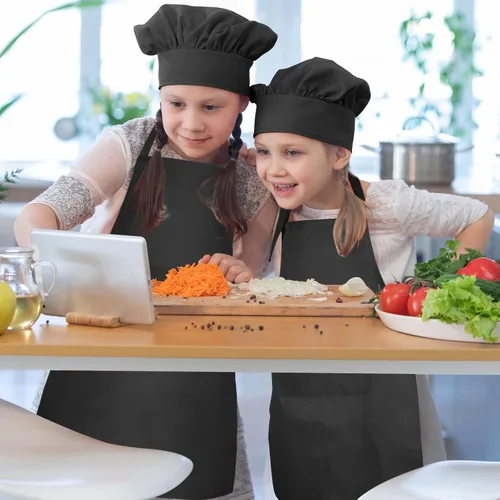 Miniatura 7 de Conjunto de Delantal y Gorro de Chef para Niños, Delantal Infantil Ajustable con 2 Bolsillos, para Niños Chef y Pintura, Cocinar, Hornear