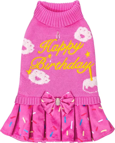 CuteBone Suéter rosa para perro, vestido de feliz cumpleaños, suéter para mascotas, suéteres para perros grandes con corbatín, ropa de cachorro,