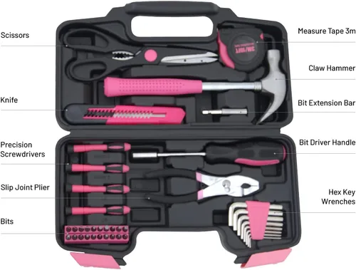Miniatura 3 de Kit de Herramientas para el Hogar de 39 Piezas - Juego de Reparación Portátil y Esencial Ideal para Mujeres, Estudiantes Universitarios, Uso Rosa