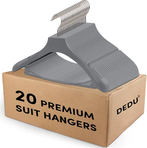 Miniatura 19 de DEDU Paquete de 15 perchas de traje para hombres, perchas marrones extra anchas antideslizantes de ancho 17.7 pulgadas, plástico grueso con barra