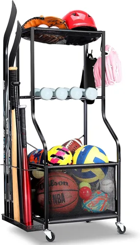 Miniatura 8 de EXTCCT Organizador de equipo deportivo de garaje, contenedor de almacenamiento de bolas rodantes con ruedas, estante de equipo deportivo de garaje
