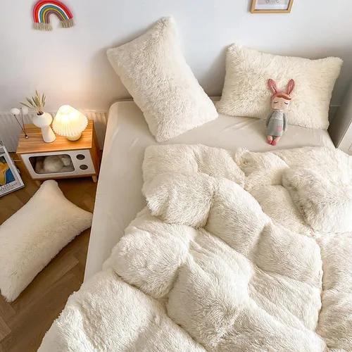 Miniatura 5 de chovy Juego de edredón de felpa de pelo sintético blanco lechoso tamaño King, ultra suave, lanudo terciopelo de franela esponjoso, juego de ropa