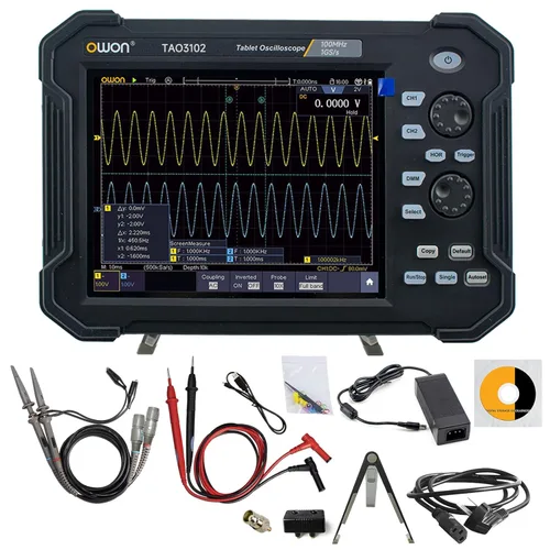 OWON Osciloscopio digital de mano TAO3102 de 2 canales de 8 pulgadas con ancho de banda de 100 MHz y frecuencia de muestreo de 1GS/s, multímetro