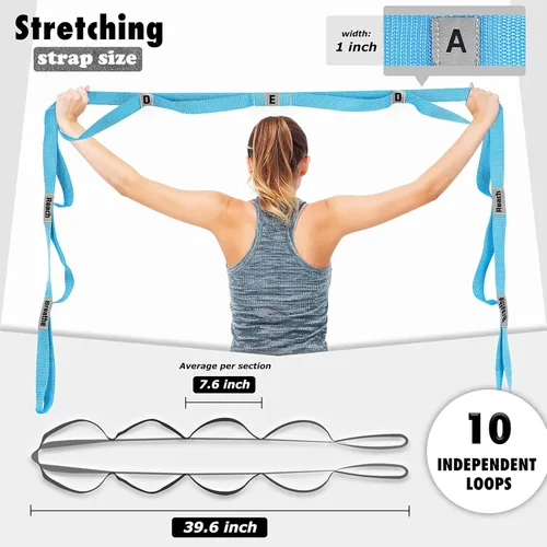 Miniatura 14 de Correa elástica para yoga, no elástica, con letras y comentarios, 10 bucles para terapia física, ejercicio, pilates, baile, gimnasia