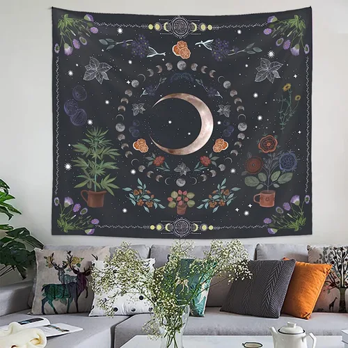 Miniatura 5 de LINICE Tapiz de plantas, tapiz de fase lunar de la naturaleza para colgar en la pared, tapiz bohemio de mandala estético para decoración