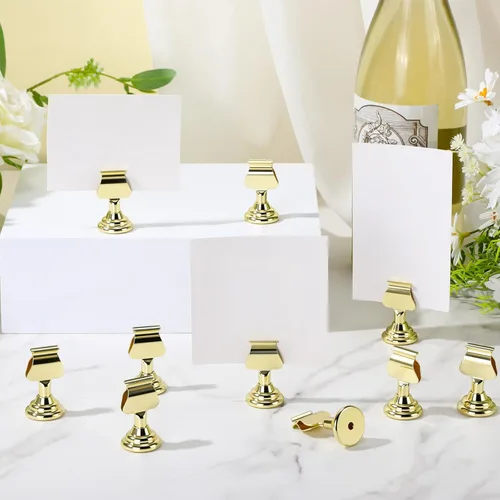 Miniatura 4 de Kathfly 24 soportes para números de mesa de boda de 1.7 pulgadas, mini soportes de metal dorado para tarjetas de lugar a granel, soportes