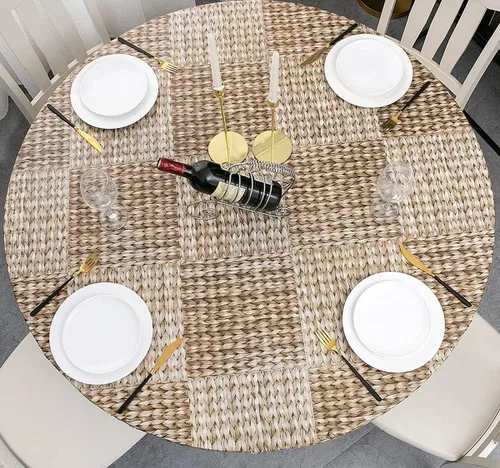 Mantel redondo de vinilo de plástico ajustable con parte trasera de franela y borde elástico, protector de mesa impermeable para mesa de comedor