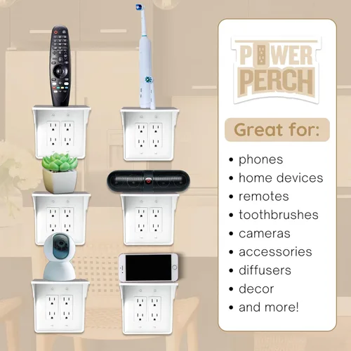 Miniatura 3 de Estante de Enchufes Doble de Pared Power Perch con Correa de Almacenamiento de Cables - Organiza y Recupera Espacio en el Baño - Soporte para Alexa