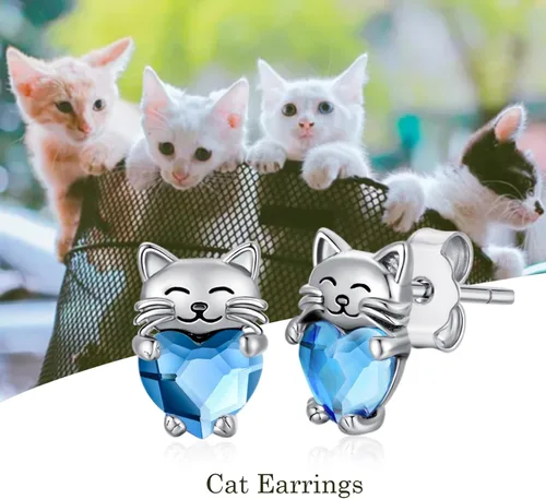 Miniatura 7 de Aretes de plata de ley 925 con diseño de gato, bonitos aretes de gato con diseño de gatito, joyería de regalo para mujeres y niñas, aretes