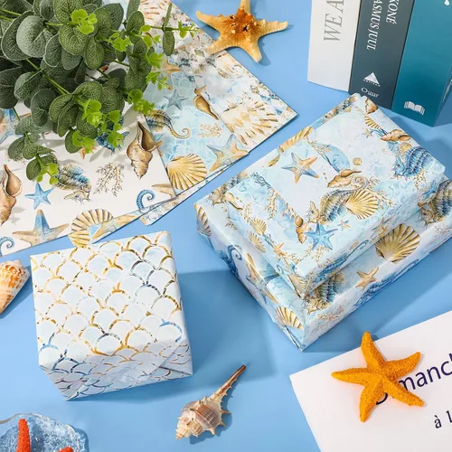Miniatura 5 de AnyDesign 12 hojas de papel de regalo de animales marinos, acuarela, caballito de mar, coral, papel de regalo plegado a granel, papeles planos
