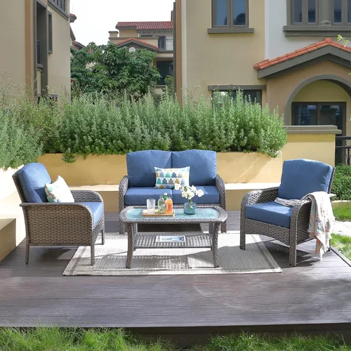 Miniatura 20 de CAODOC Juego de muebles de mimbre para patio, 4 piezas, para todo tipo de clima, sofá biplaza y mesa para patio trasero, balcón y terraza