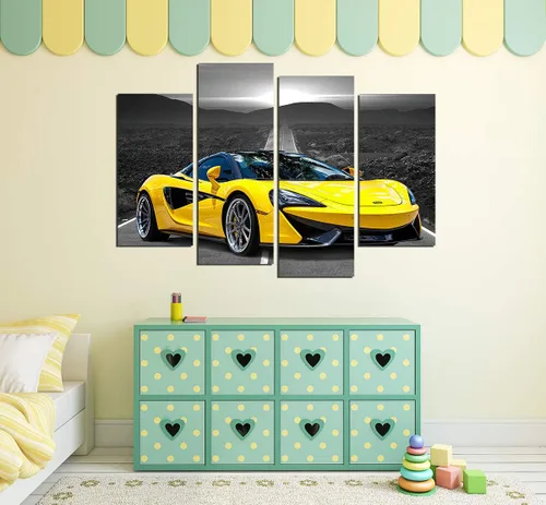 Miniatura 2 de Póster de pared en blanco y negro, 4 piezas de automóvil deportivo amarillo grande, lienzo para habitación de niños, dormitorio, sala de estar