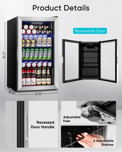 Miniatura 7 de Refrigerador de bebidas – Mini refrigerador con puerta de vidrio para 126 latas para bebidas, refrescos, cerveza, vino, refrigerador pequeño