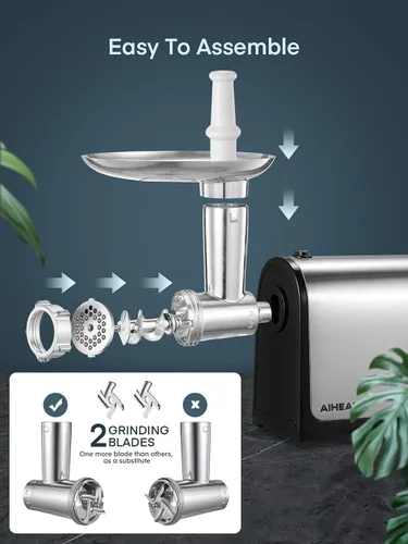 Miniatura 6 de Picadora de carne eléctrica, relleno de salchichas con 3 tubos de salchicha, 2 cuchillas, 3 placas, 3200W máx, picadora de carne de alta resistencia